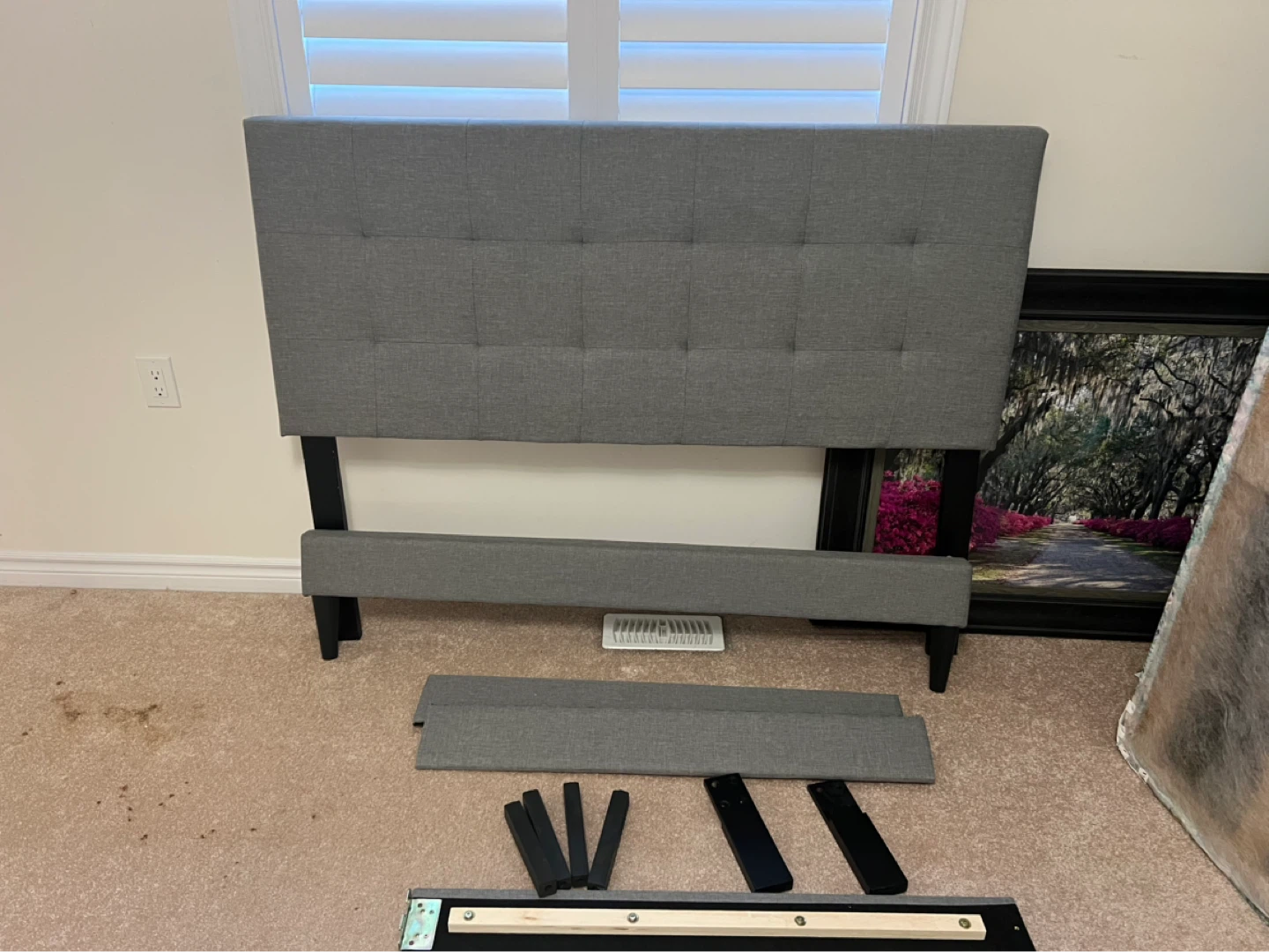 Grey Fabric Tufted Headboard and Bed Frame with mattress and box - photo 3