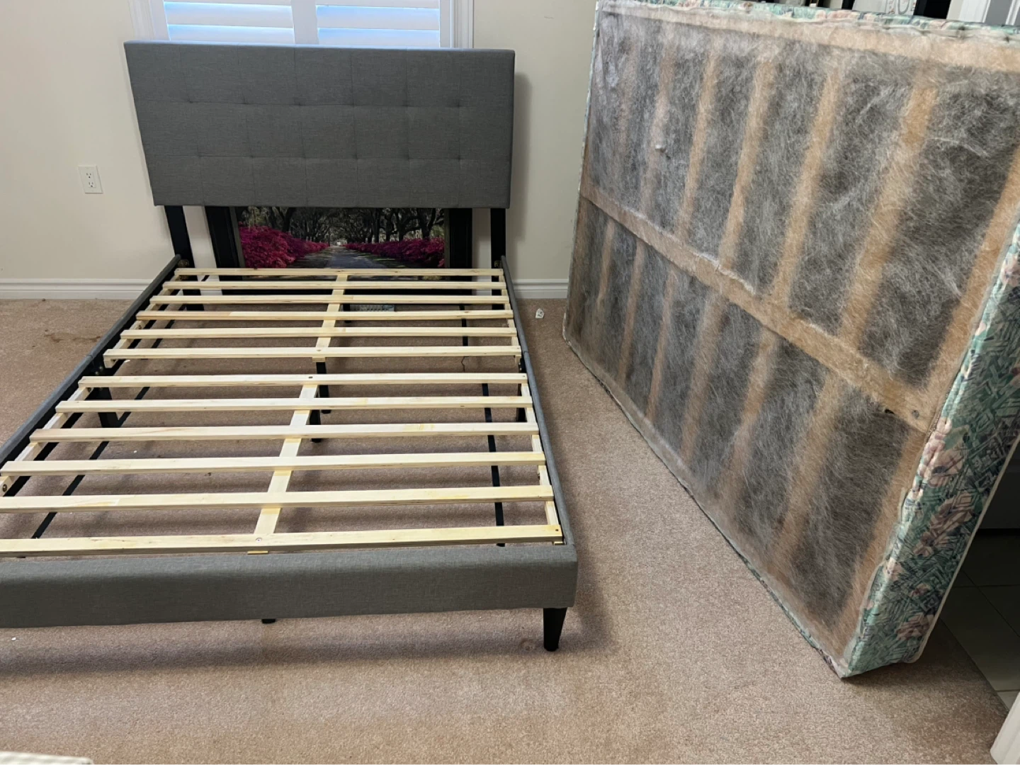 Grey Fabric Tufted Headboard and Bed Frame with mattress and box - photo 2