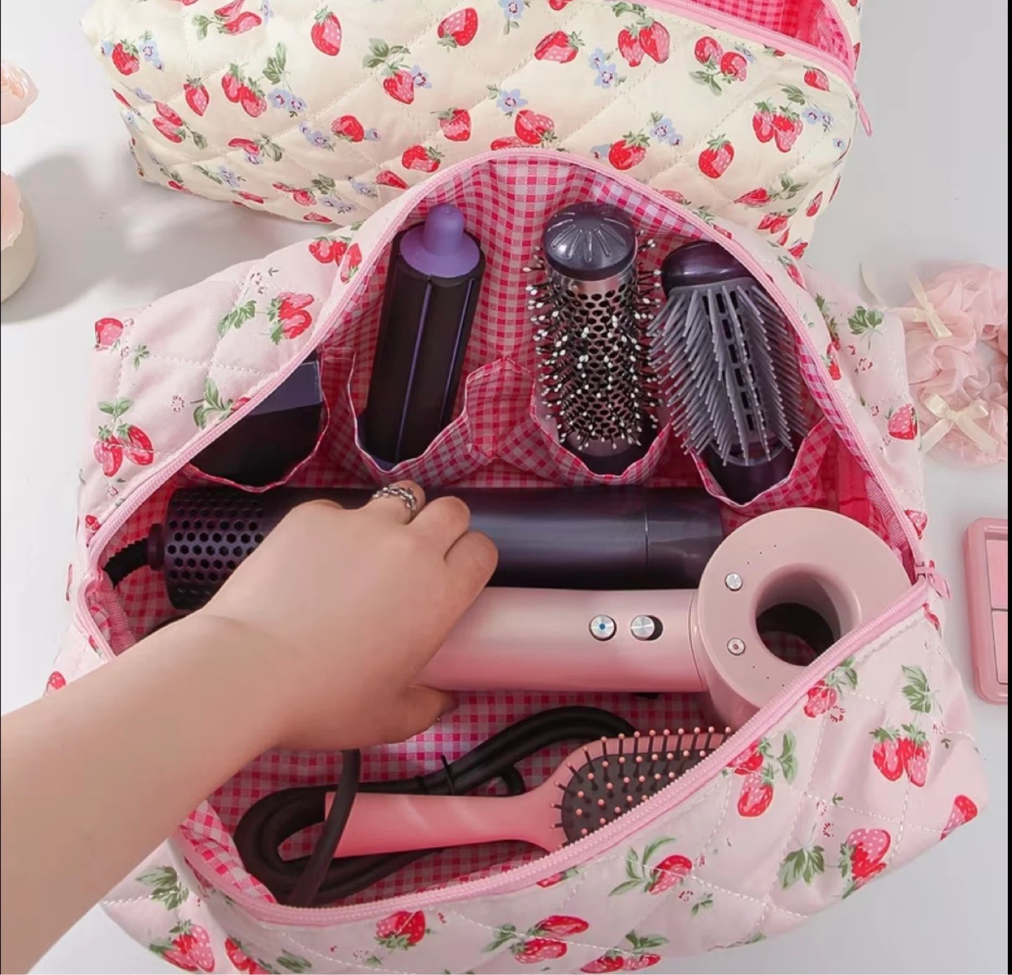 Strawberry Quilted Makeup Bag