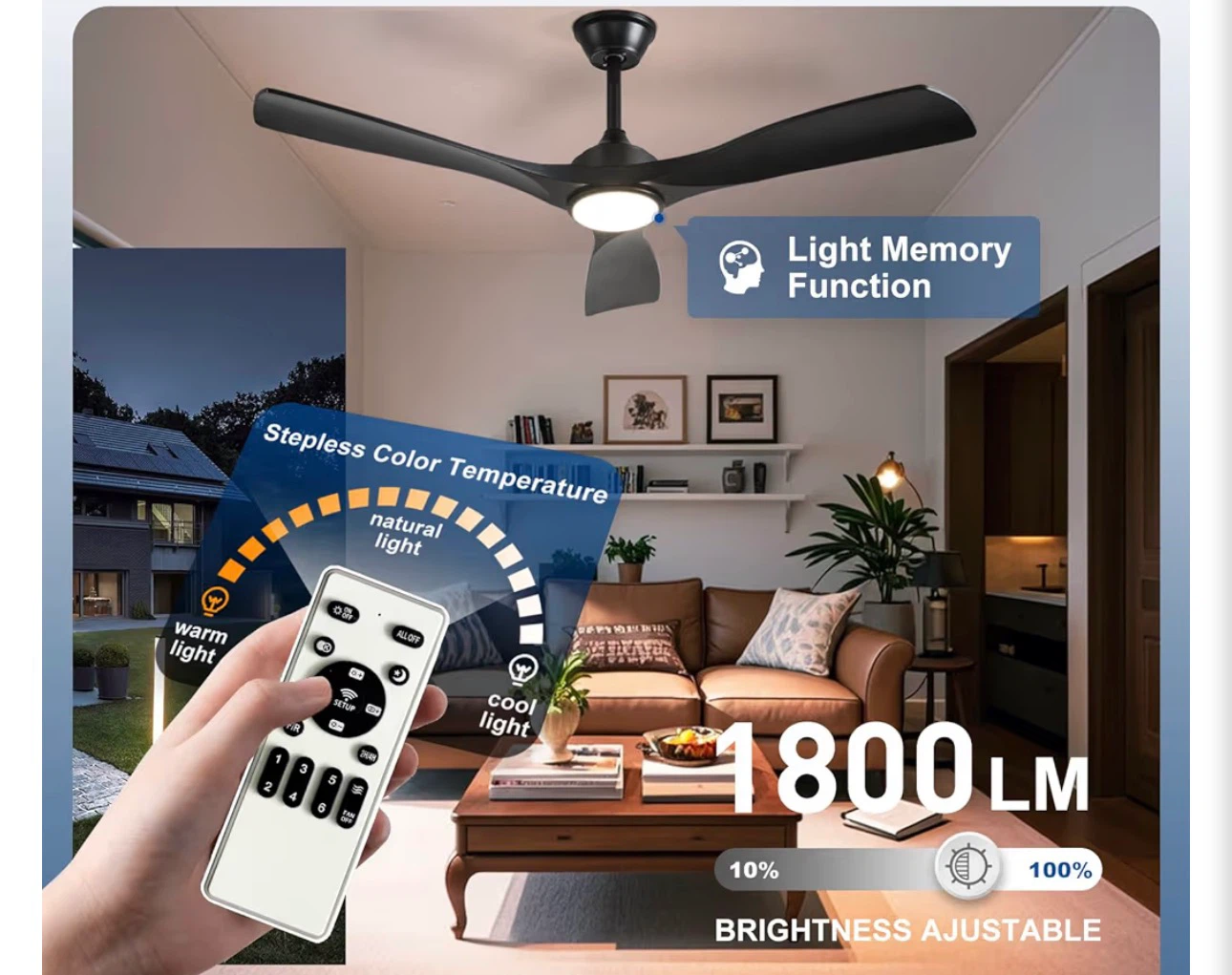 DEPULEY Black 52-inch Modern Ceiling Fan with Light - photo 3