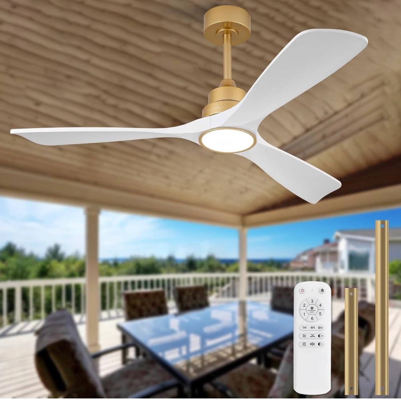 52" Modern Ceiling Fan with Light, White Blades & Gold Fixture