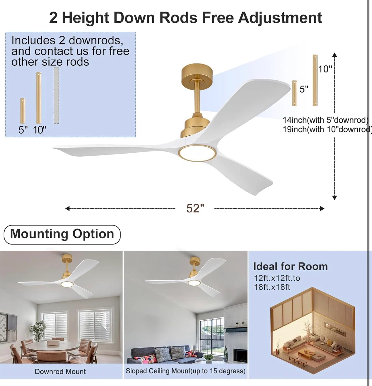 52" Modern Ceiling Fan with Light, White Blades & Gold Fixture - photo 2