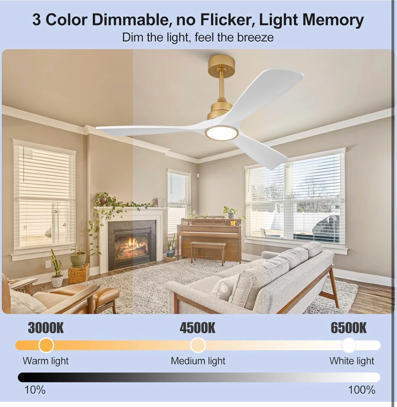 52" Modern Ceiling Fan with Light, White Blades & Gold Fixture - photo 5