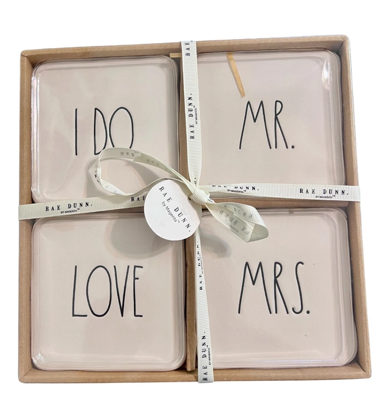 Rae Dunn “I Do Love Mr. Mrs.” Ceramic Coaster Set – Brand New