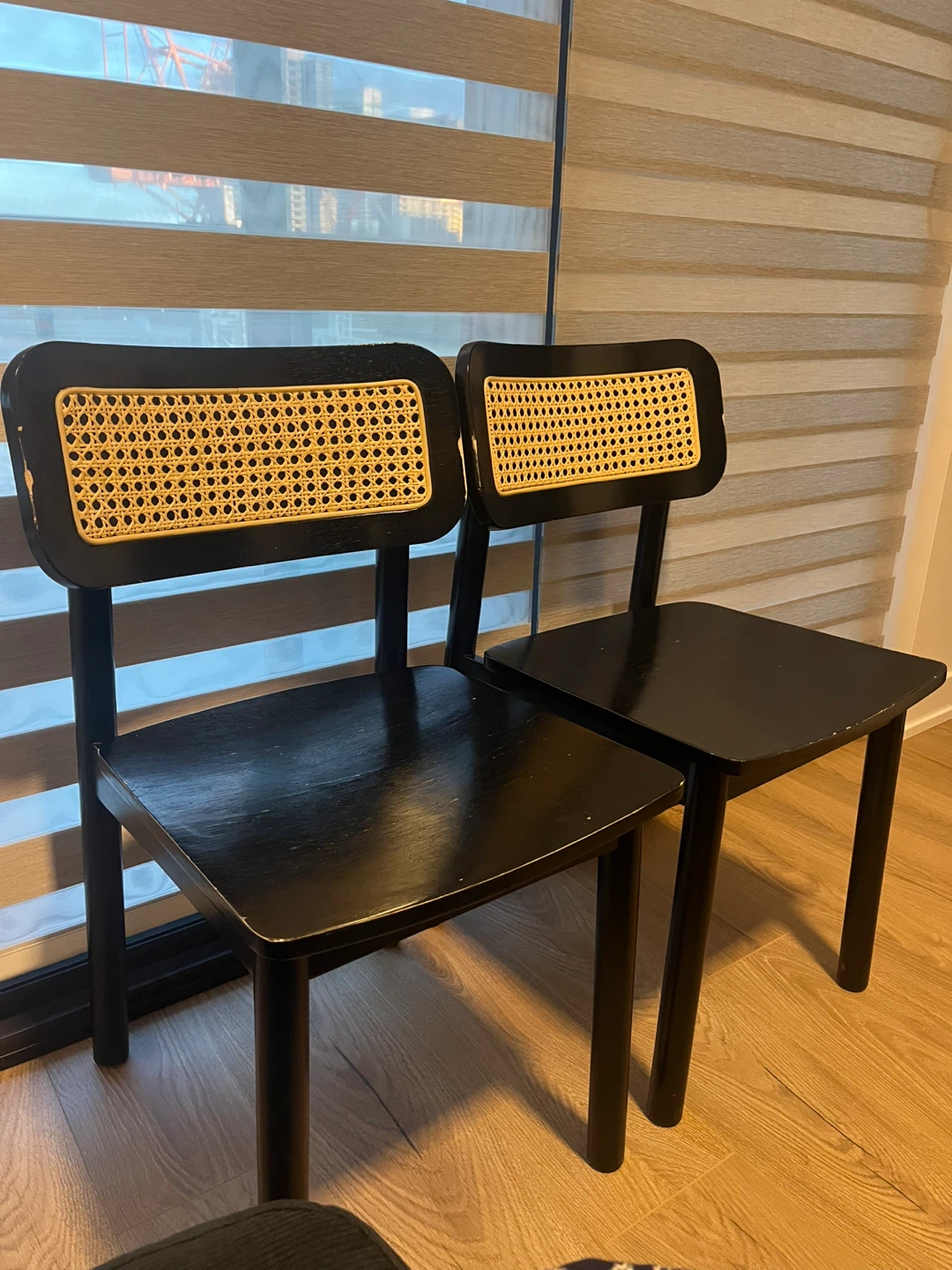 Black Chairs with Rattan Back Set of 2