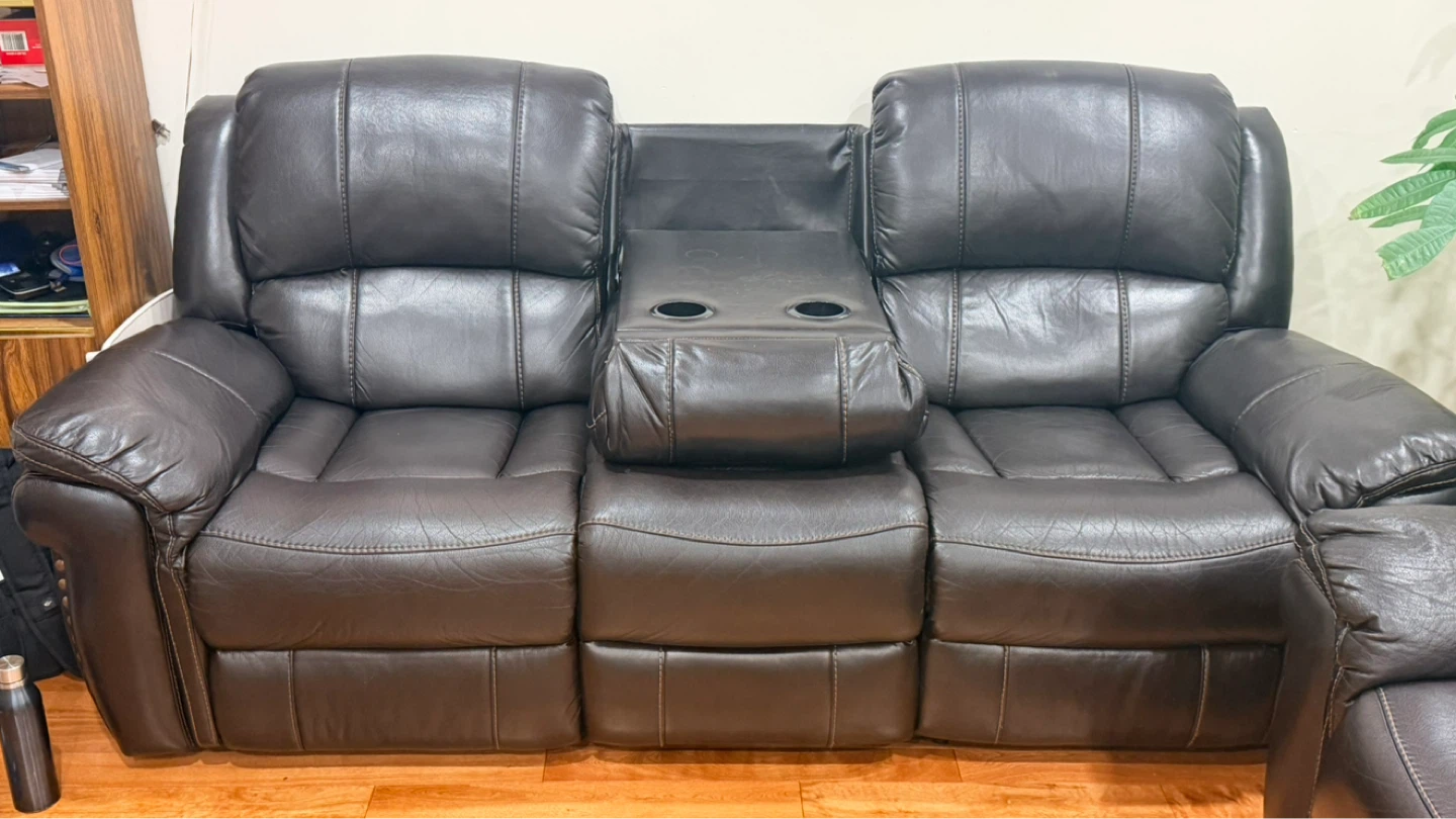 Dark Brown Leather Reclining Sofa with Cup Holders - photo 3