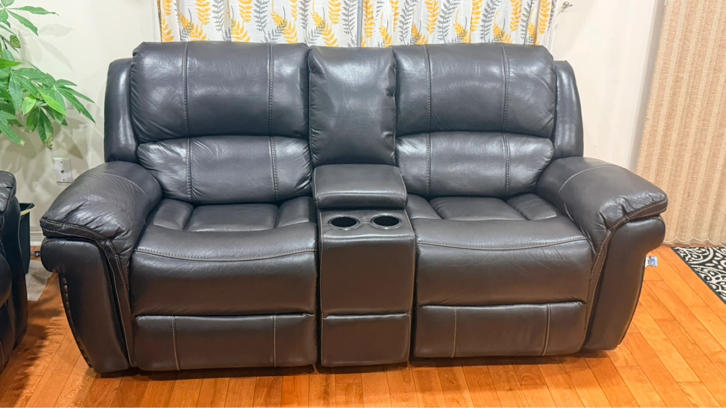 Dark Brown Leather Reclining Sofa with Cup Holders