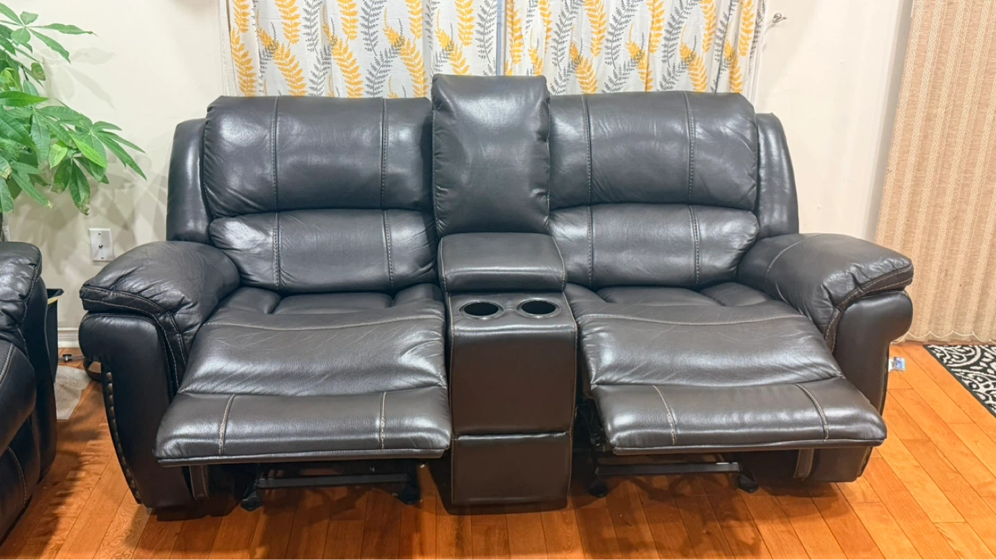 Dark Brown Leather Reclining Sofa with Cup Holders - photo 2
