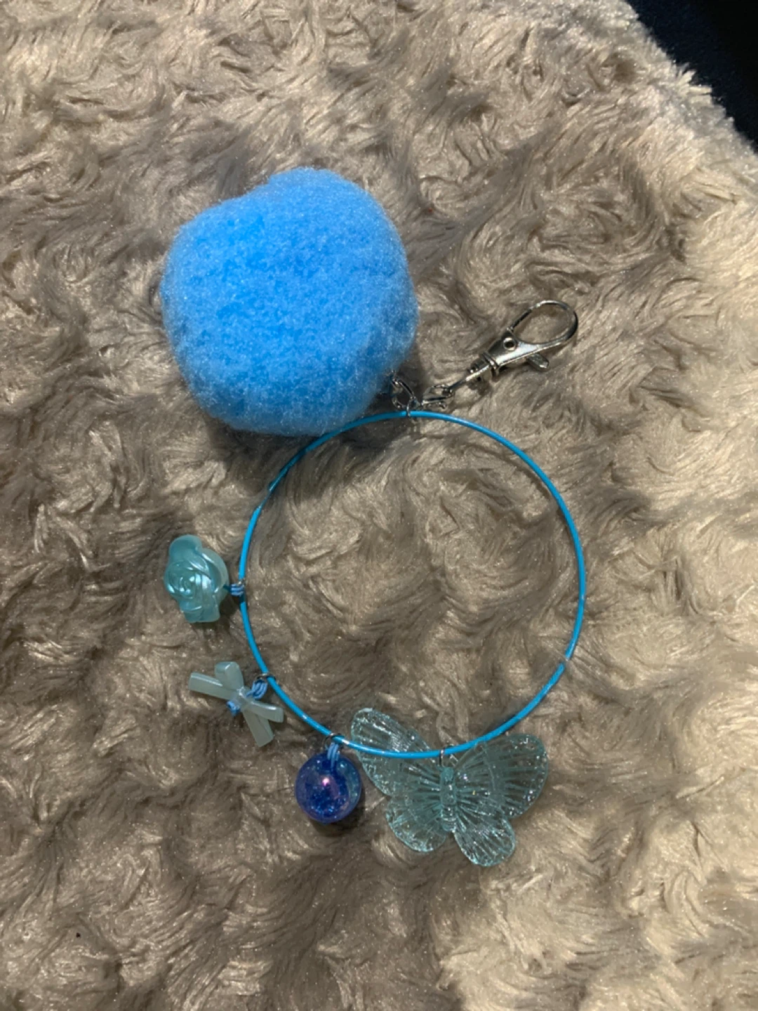 Blue Pom Pom and Charm Keychain