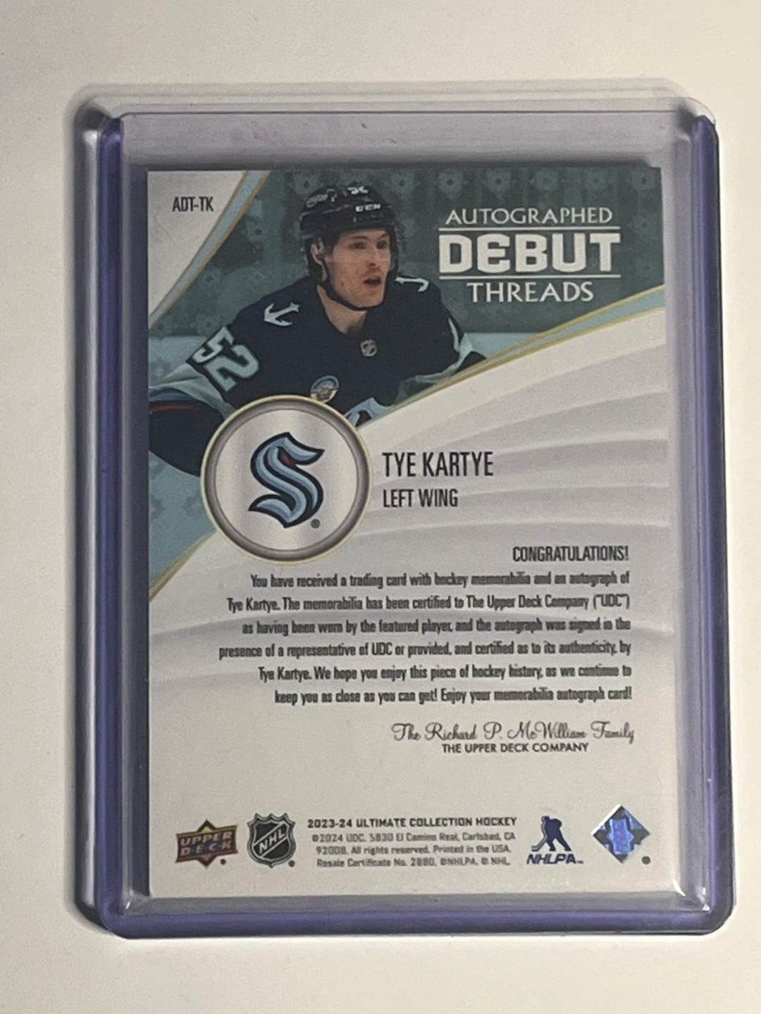 Tye Kartye Autographed Debut Threads Hockey Card 13/99 - photo 2