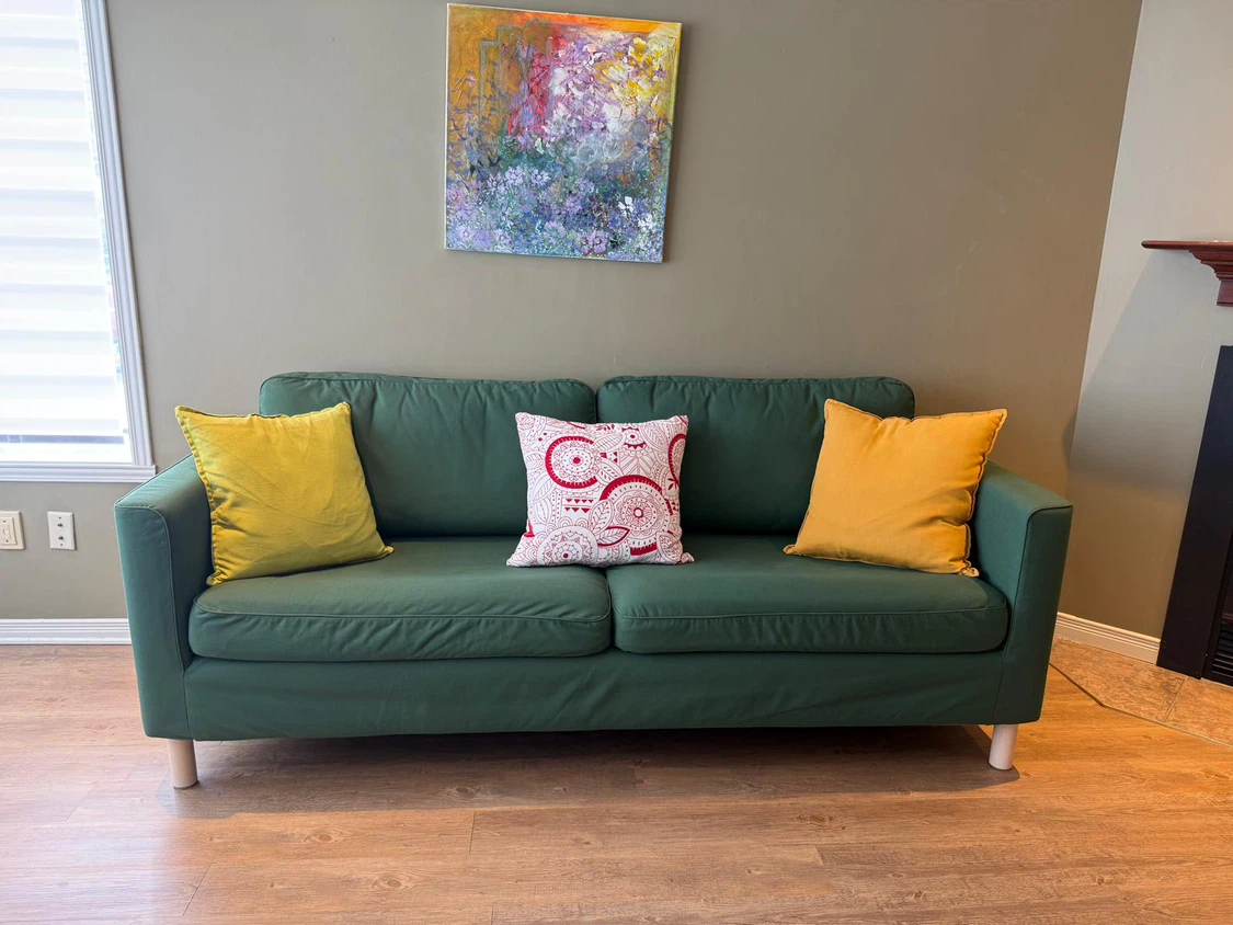 IKEA Green Two-Seater Sofa with White Legs - photo 3