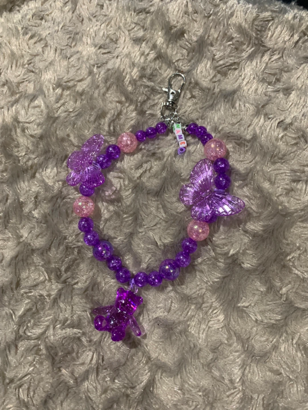 Purple Beaded Keychain FREE NAME with Butterfly Charms