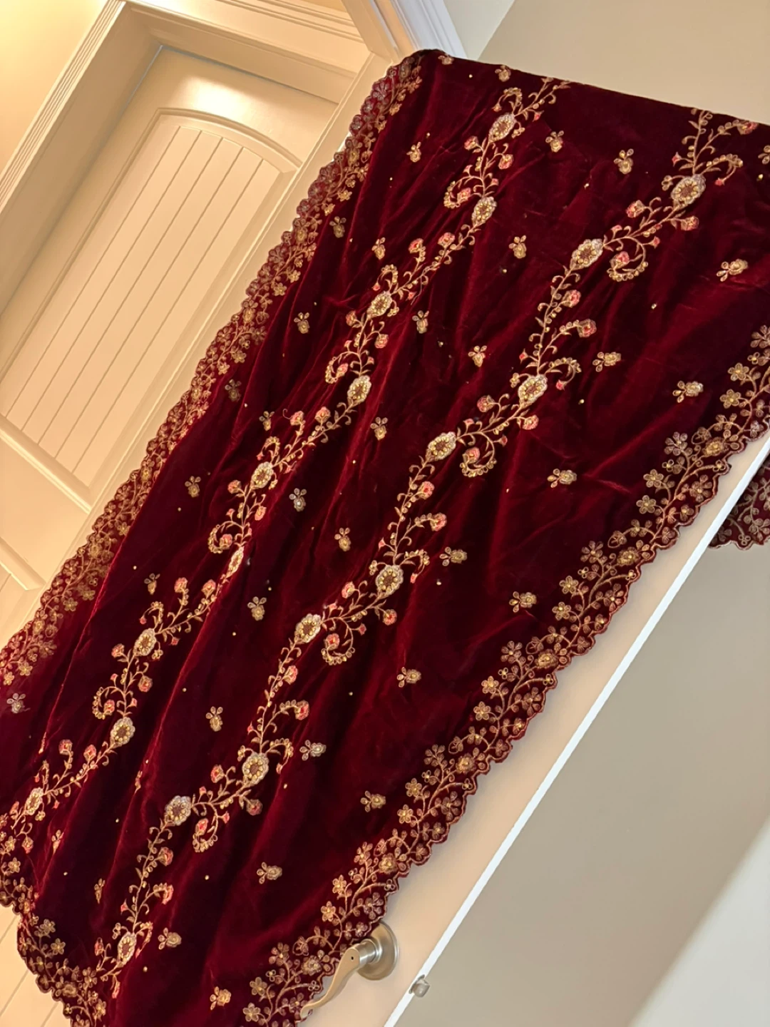 Embroidered Velvet Shawl - Burgundy