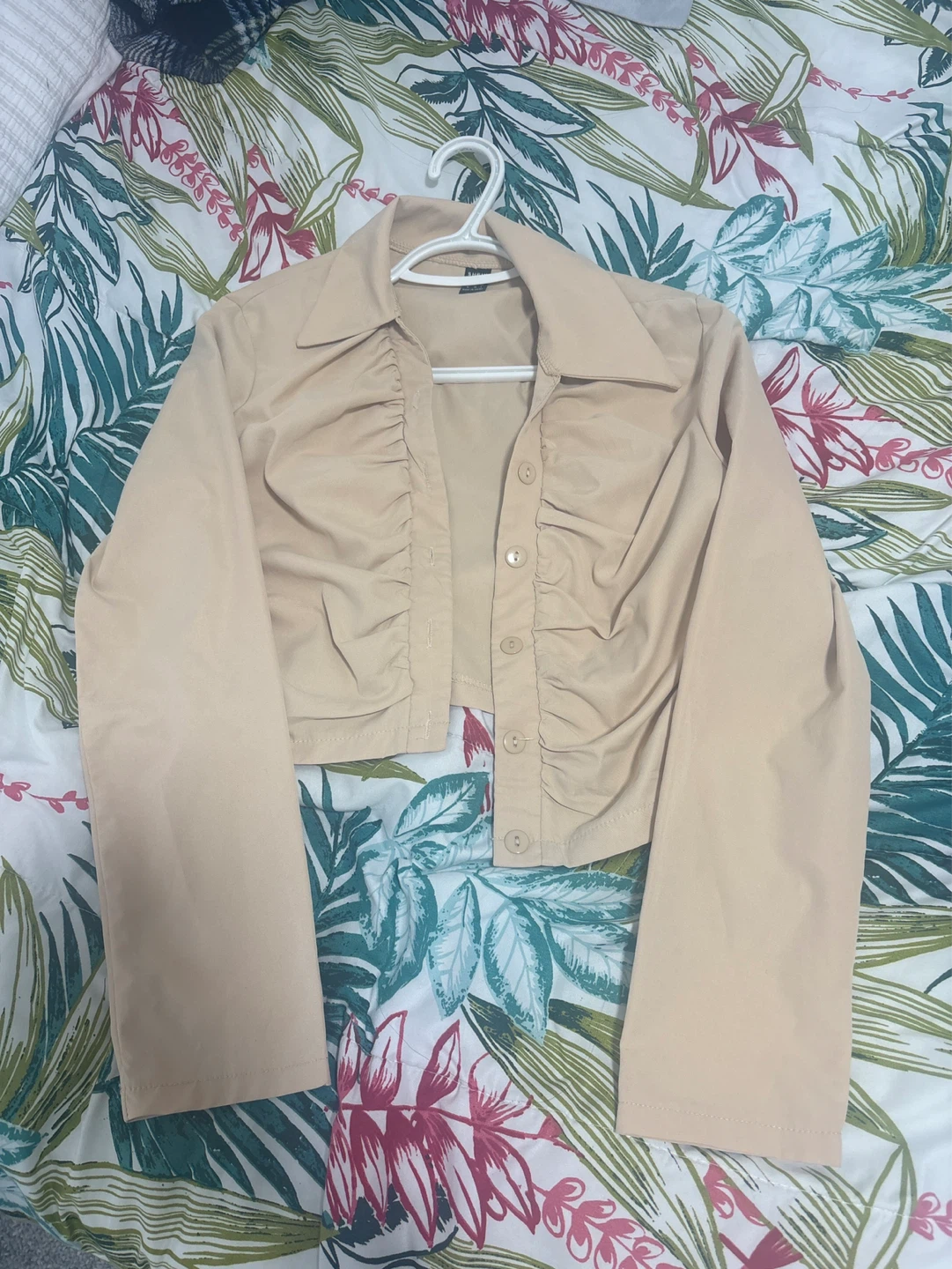 Beige Ruched Cropped Shirt