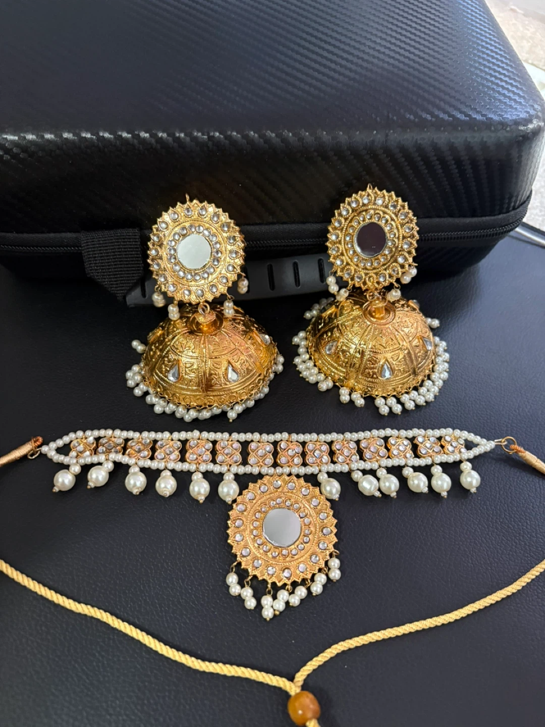 Gold Jhumka Earrings and Choker Set with Pearls