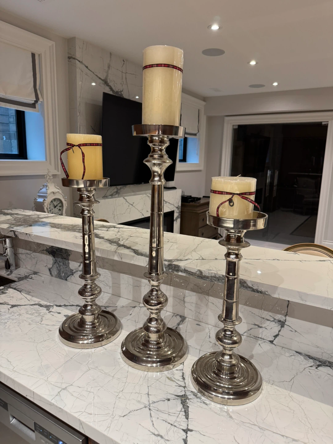 Set of 3 Silver Candlesticks with Candles