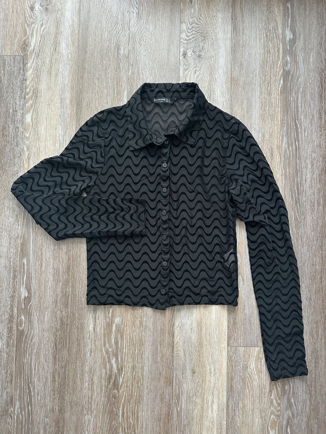 Stradivarius Black Wave Pattern Sheer Button-Up Shirt