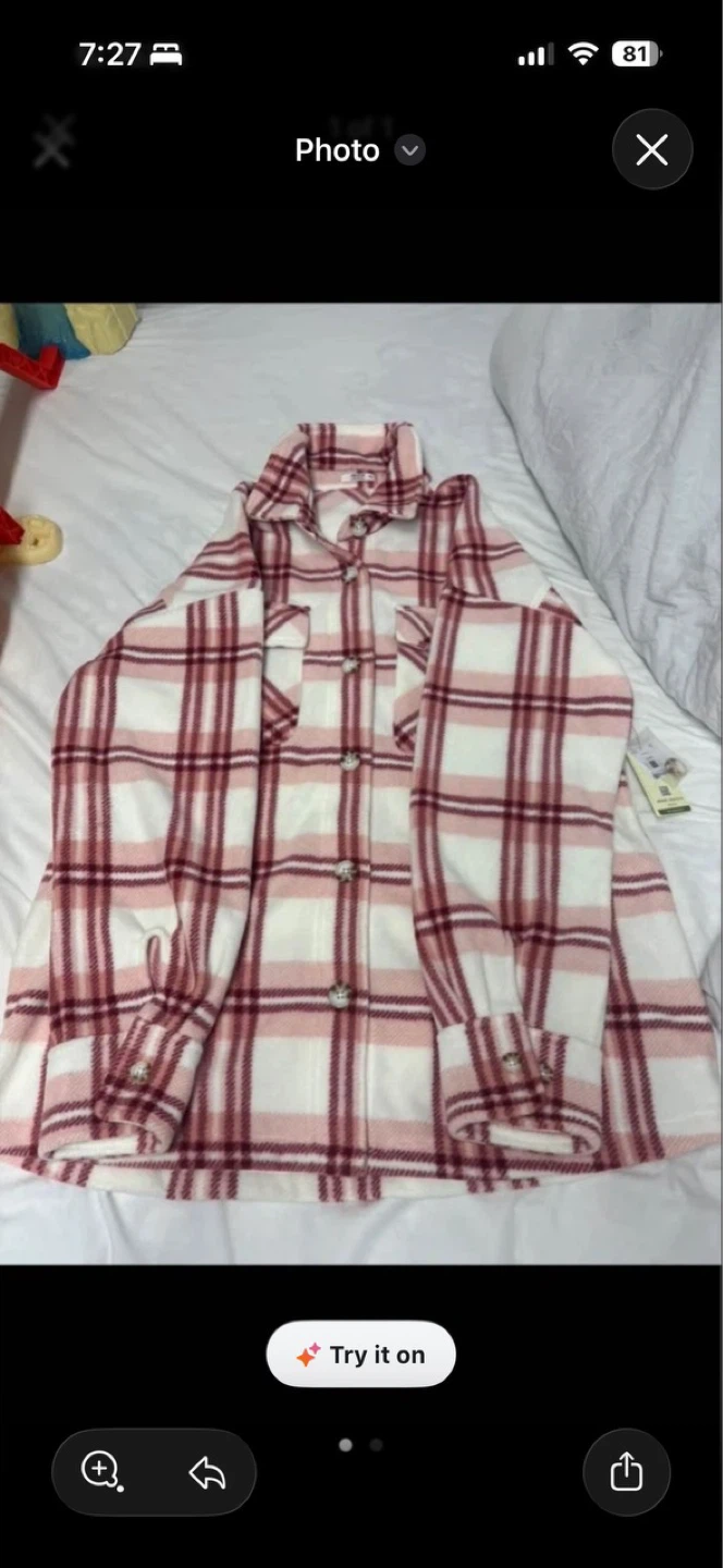 Pink and White Plaid Flannel Shirt Jacket