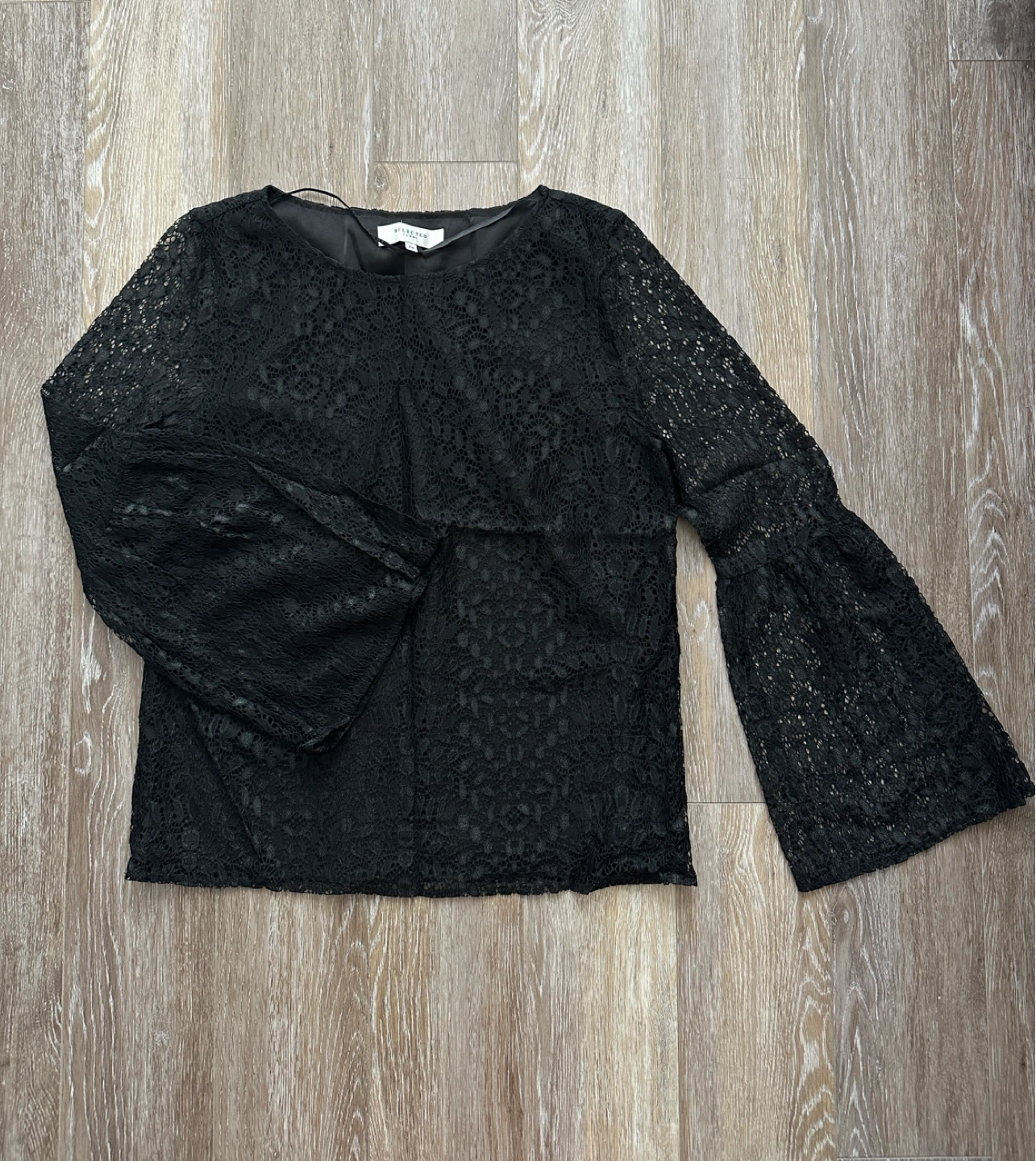 Selected Femme Black Lace Bell Sleeve Blouse Size 36