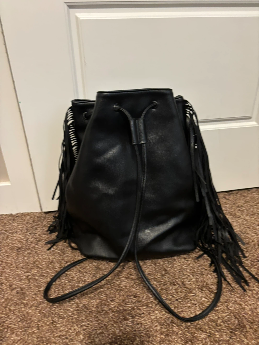 Black Faux Leather Bucket Bag with Fringe