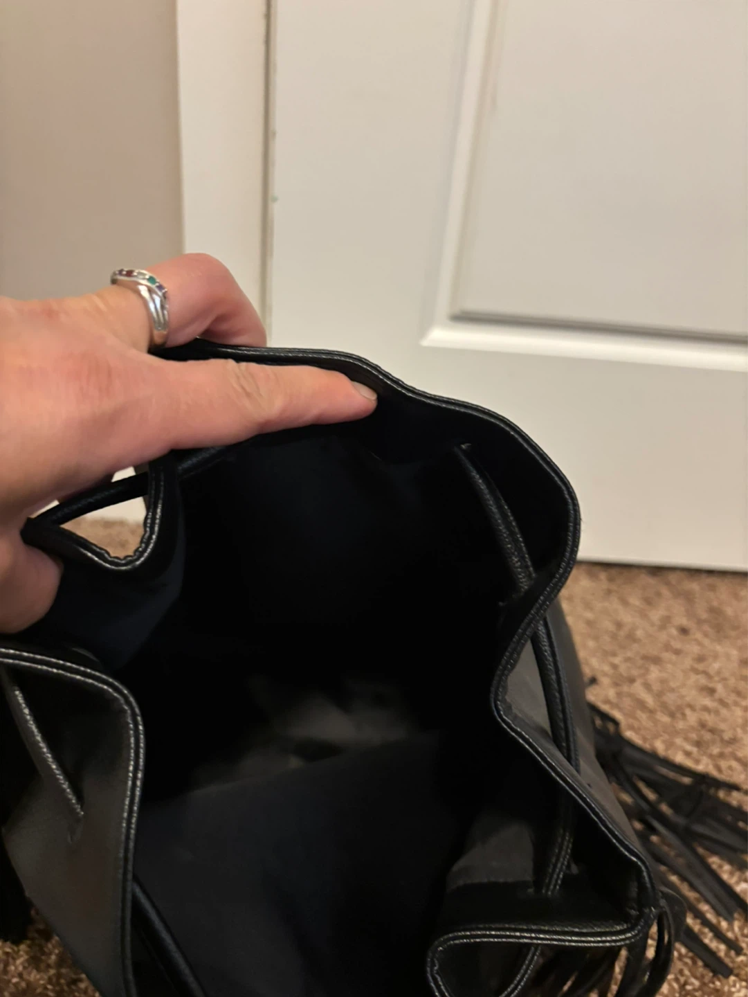 Black Faux Leather Bucket Bag with Fringe - photo 3