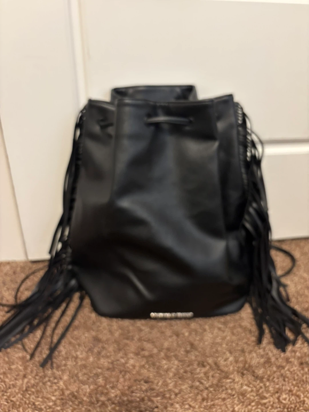 Black Faux Leather Bucket Bag with Fringe - photo 2