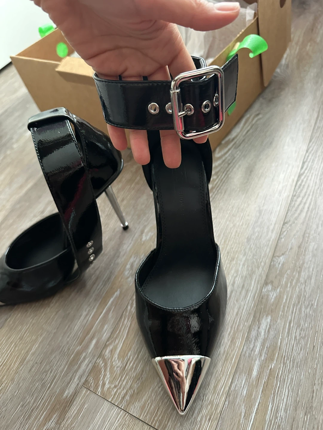 NEW Black Patent Stiletto Heels with Silver Toe - photo 2