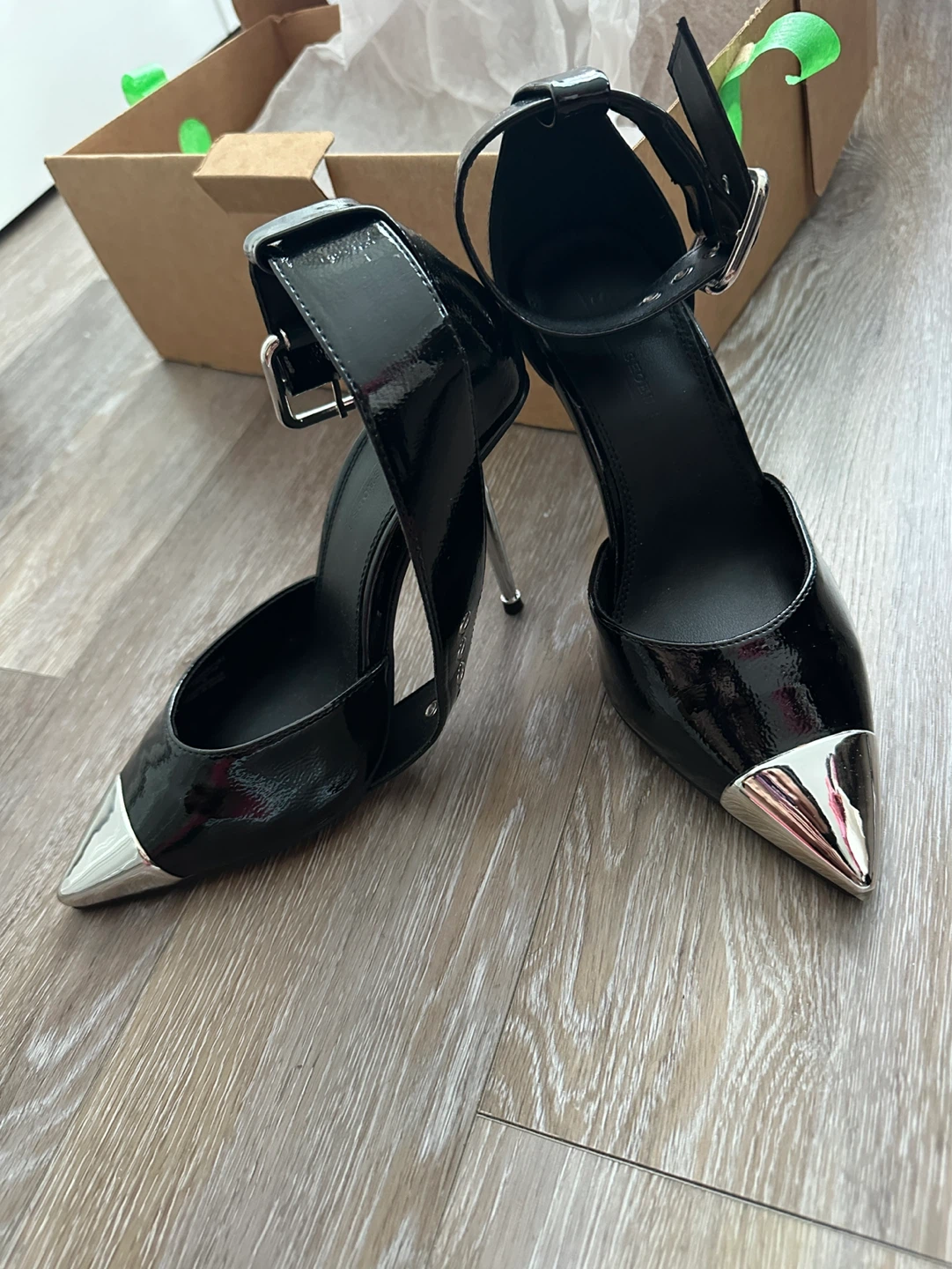 NEW Black Patent Stiletto Heels with Silver Toe