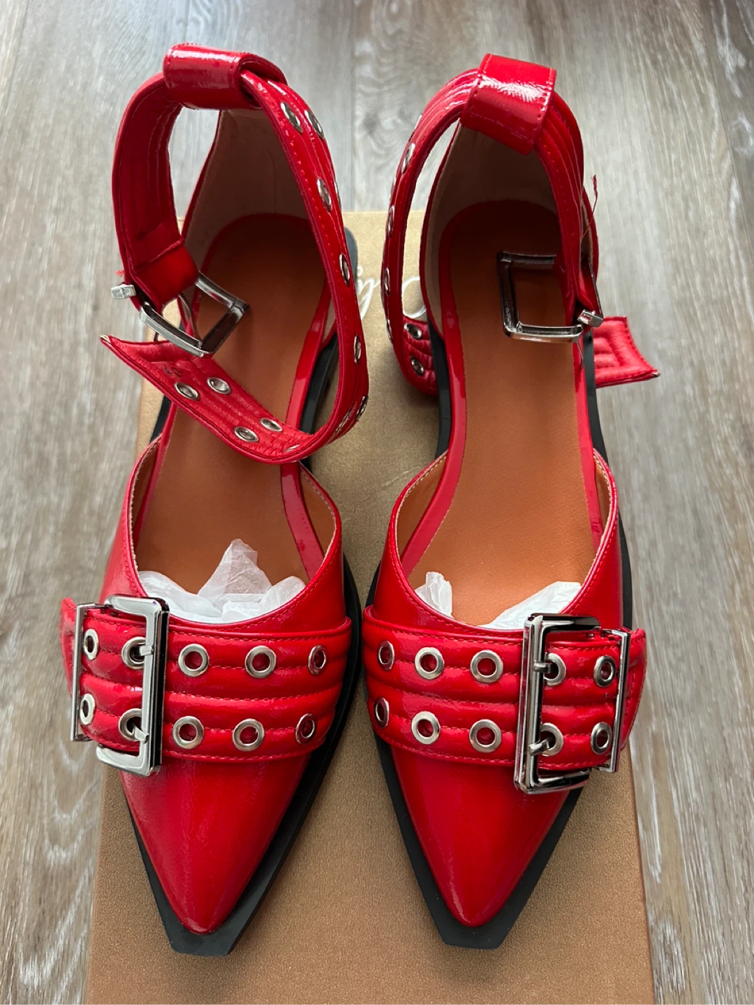 NEW Red Pointed Toe Flat Sandals with Buckle