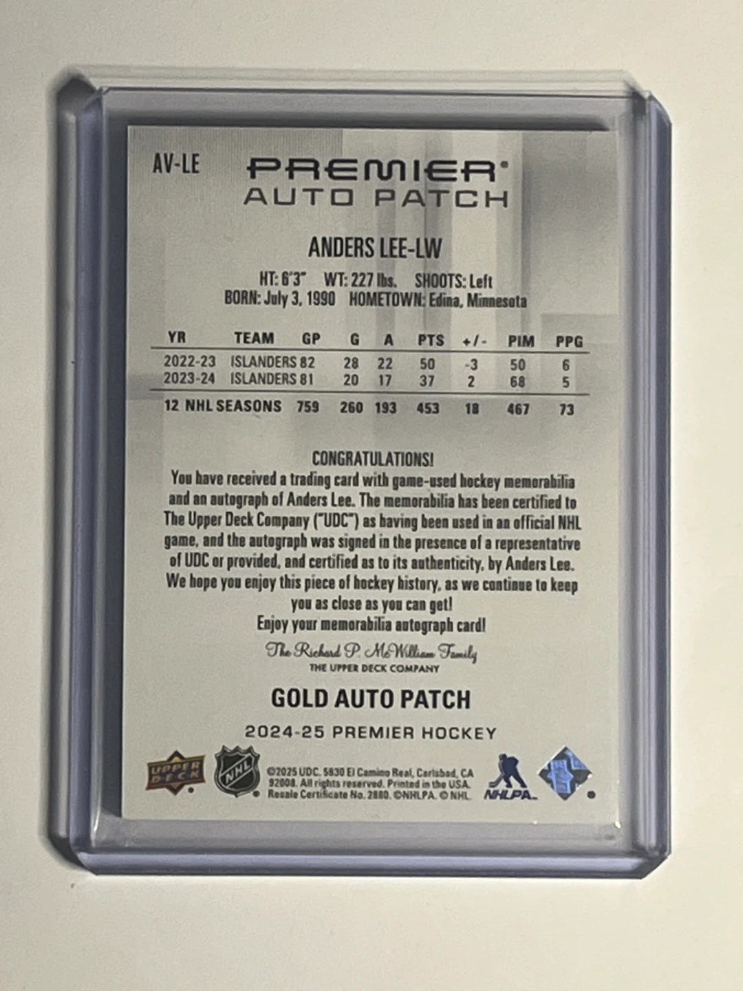 2024-25 Premier Hockey Anders Lee Gold Auto Patch 06/10 - photo 2