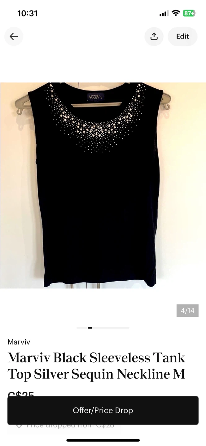 Marviv Black Sleeveless Tank Top with Silver Sequins - Size M