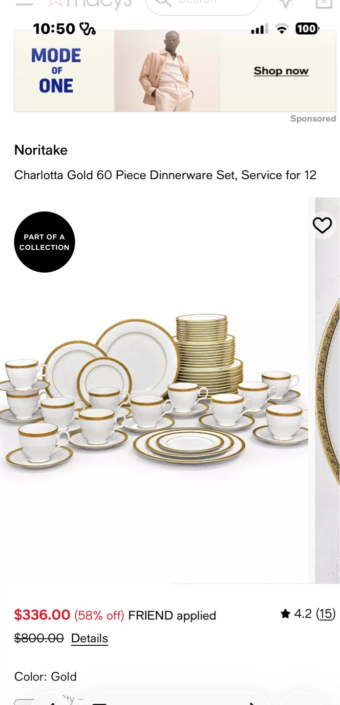 Noritake "Charlotta Gold" 60 Piece Dinnerware Set