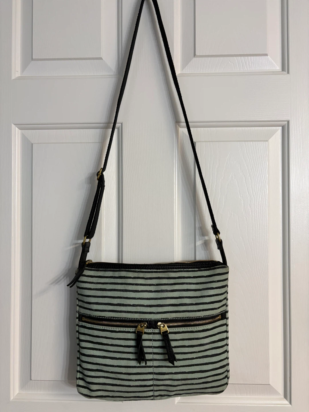 Fossil “Erin” Mint Green and Black Striped Canvas Crossbody Bag