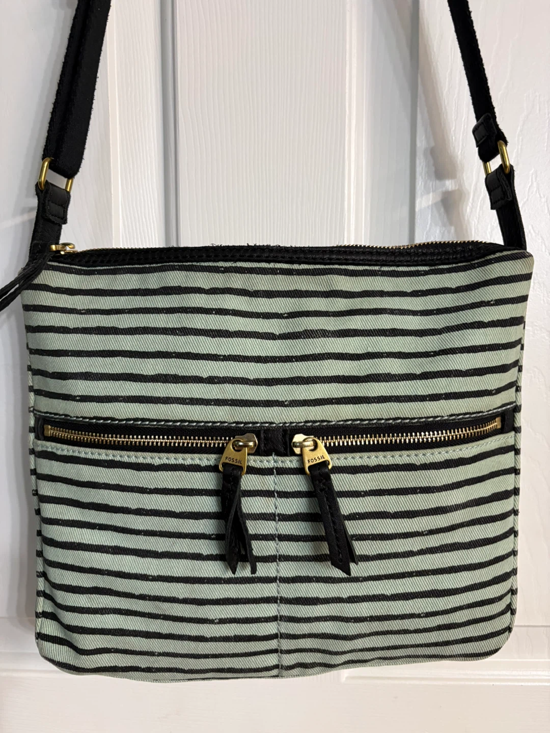 Fossil “Erin” Mint Green and Black Striped Canvas Crossbody Bag - photo 2