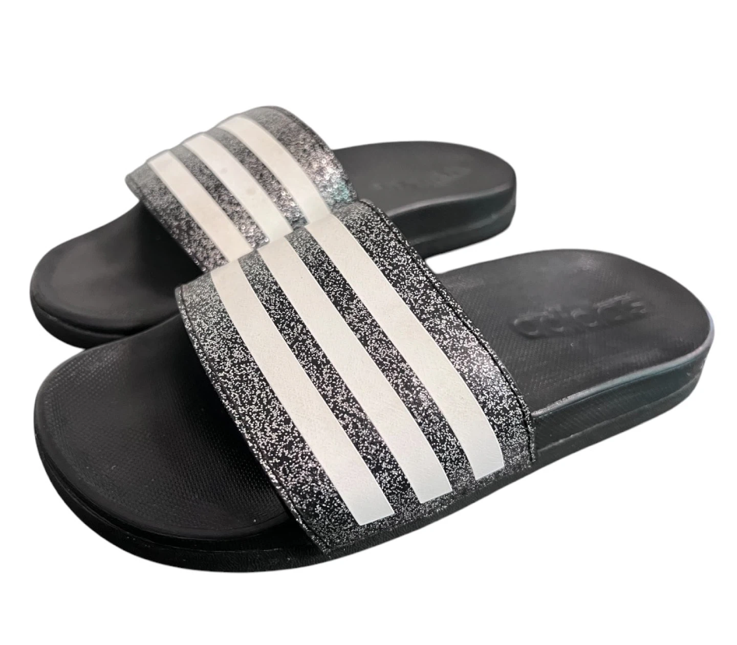 Adidas Kids’ Adilette Slides – Glitter Black/White | Size 11K