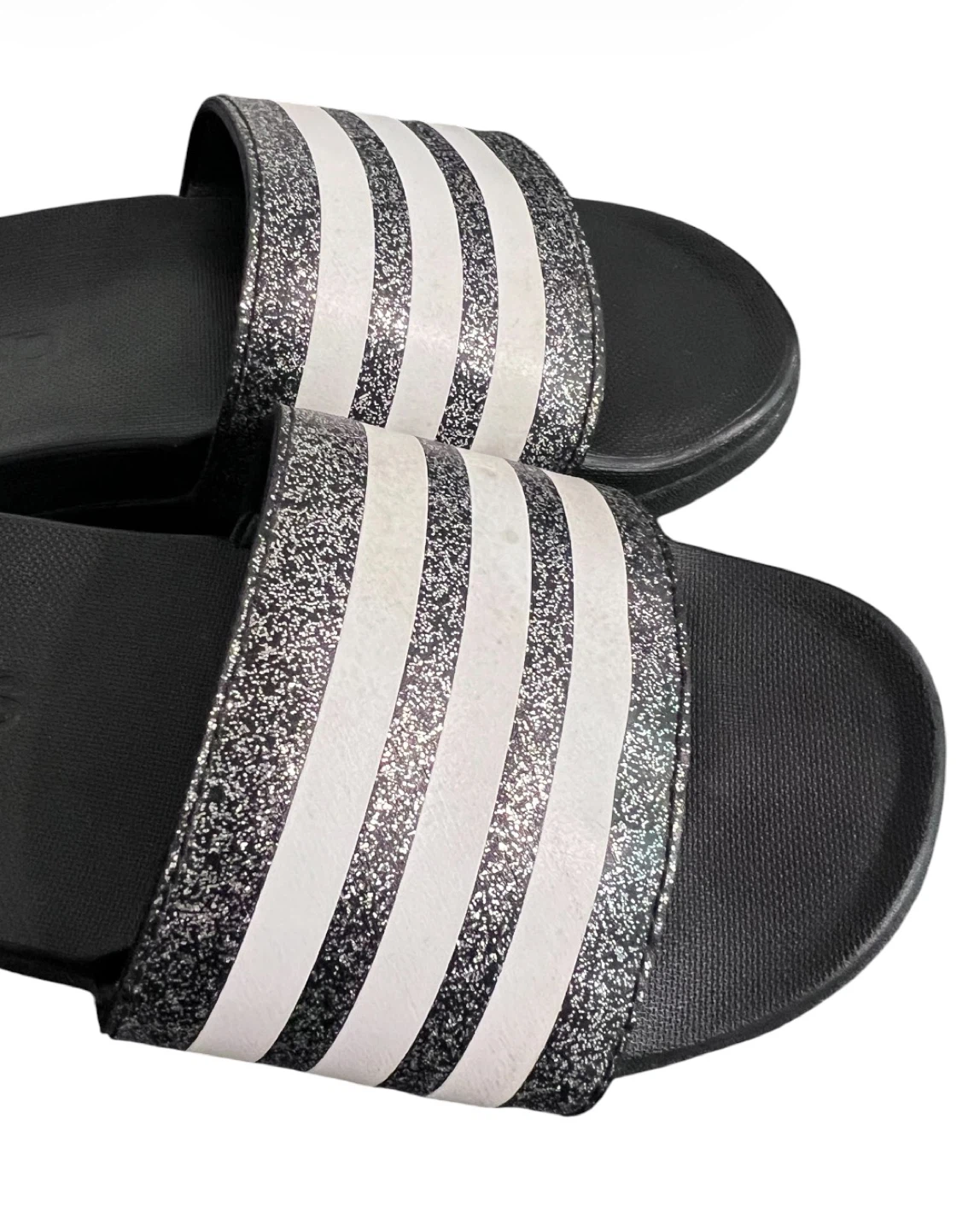 Adidas Kids’ Adilette Slides – Glitter Black/White | Size 11K - photo 3