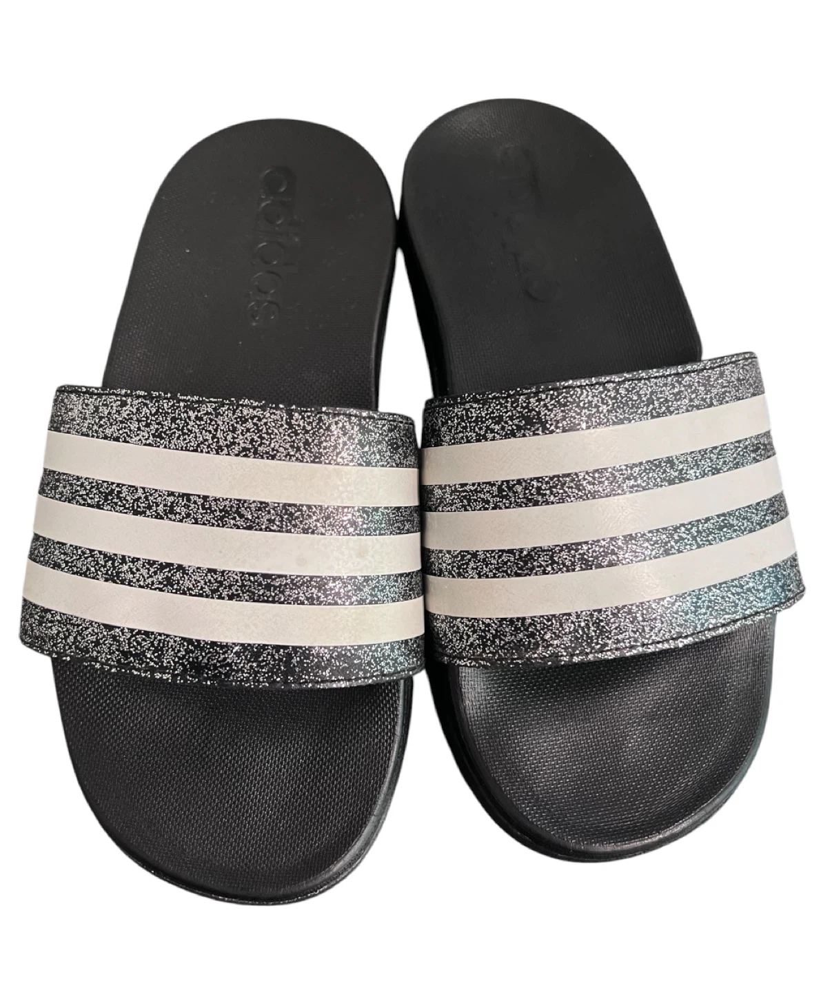 Adidas Kids’ Adilette Slides – Glitter Black/White | Size 11K - photo 2