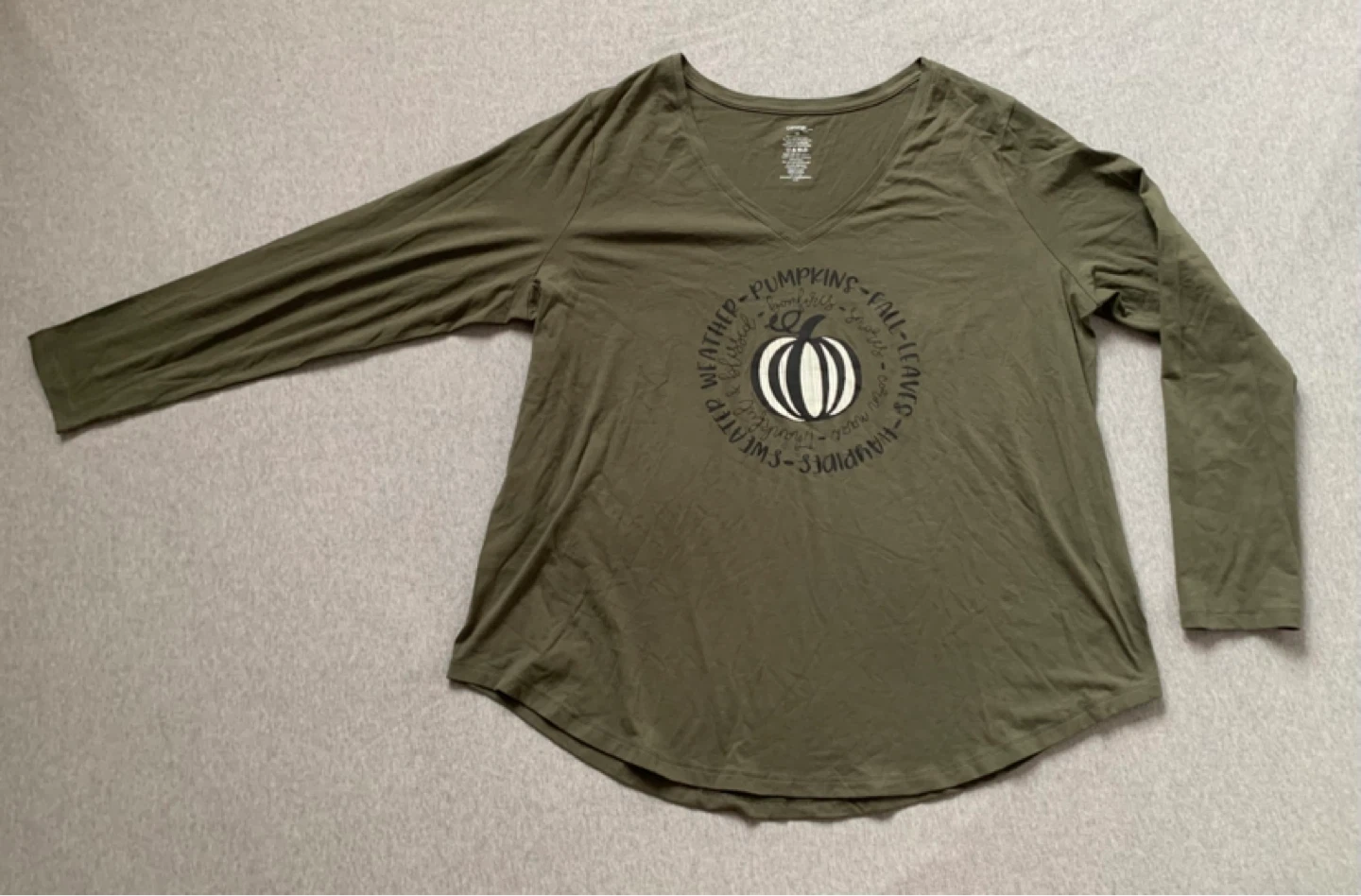 Autumn Theme Long Sleeve V-Neck in Olive Green - Size 2X