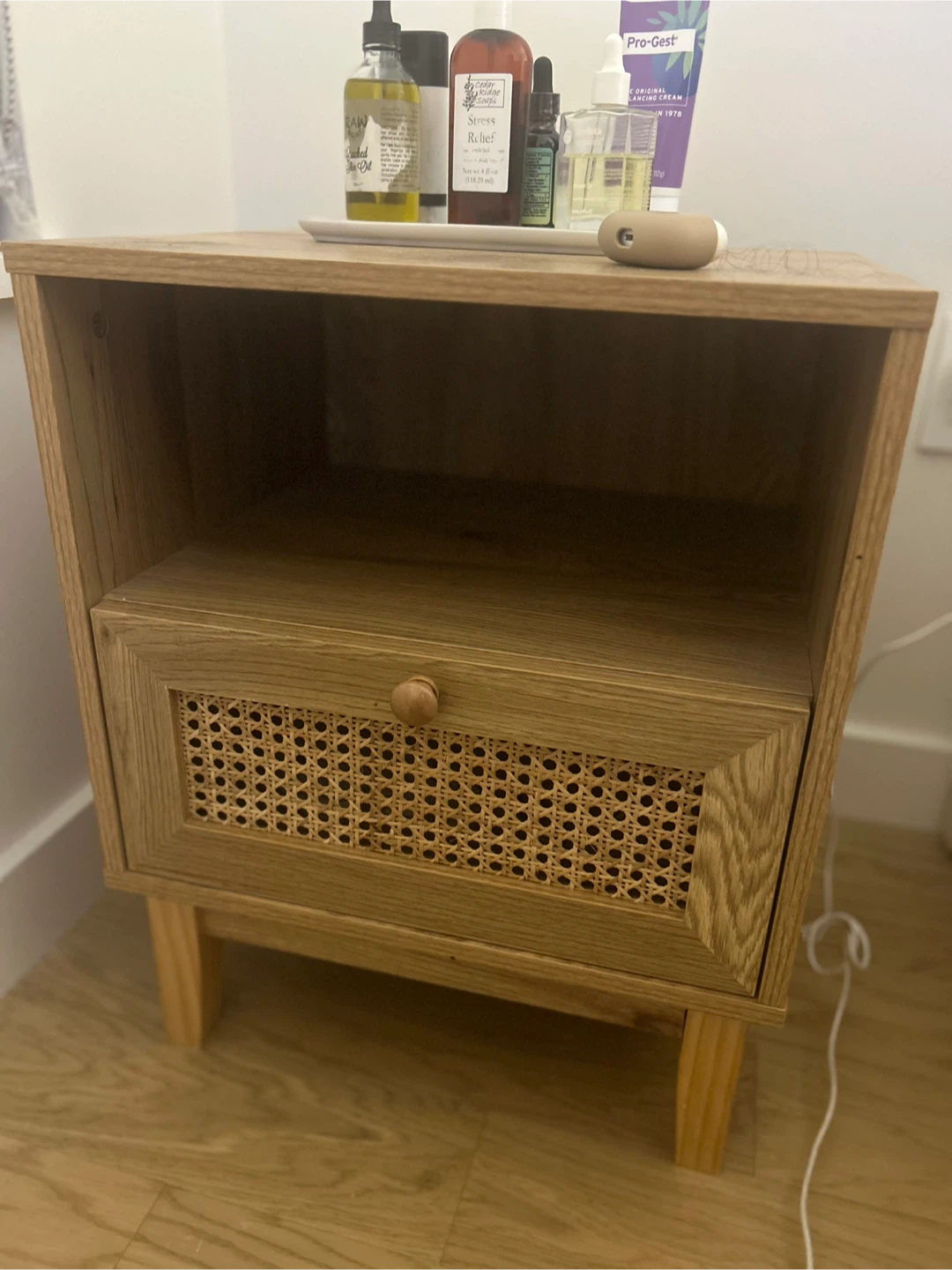 Two Wooden Nightstand with Rattan Drawer