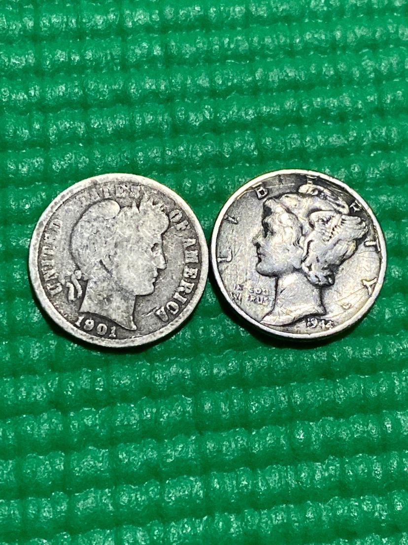 Two US Dimes - 1901 Barber Dime & 1944 Mercury Dime
