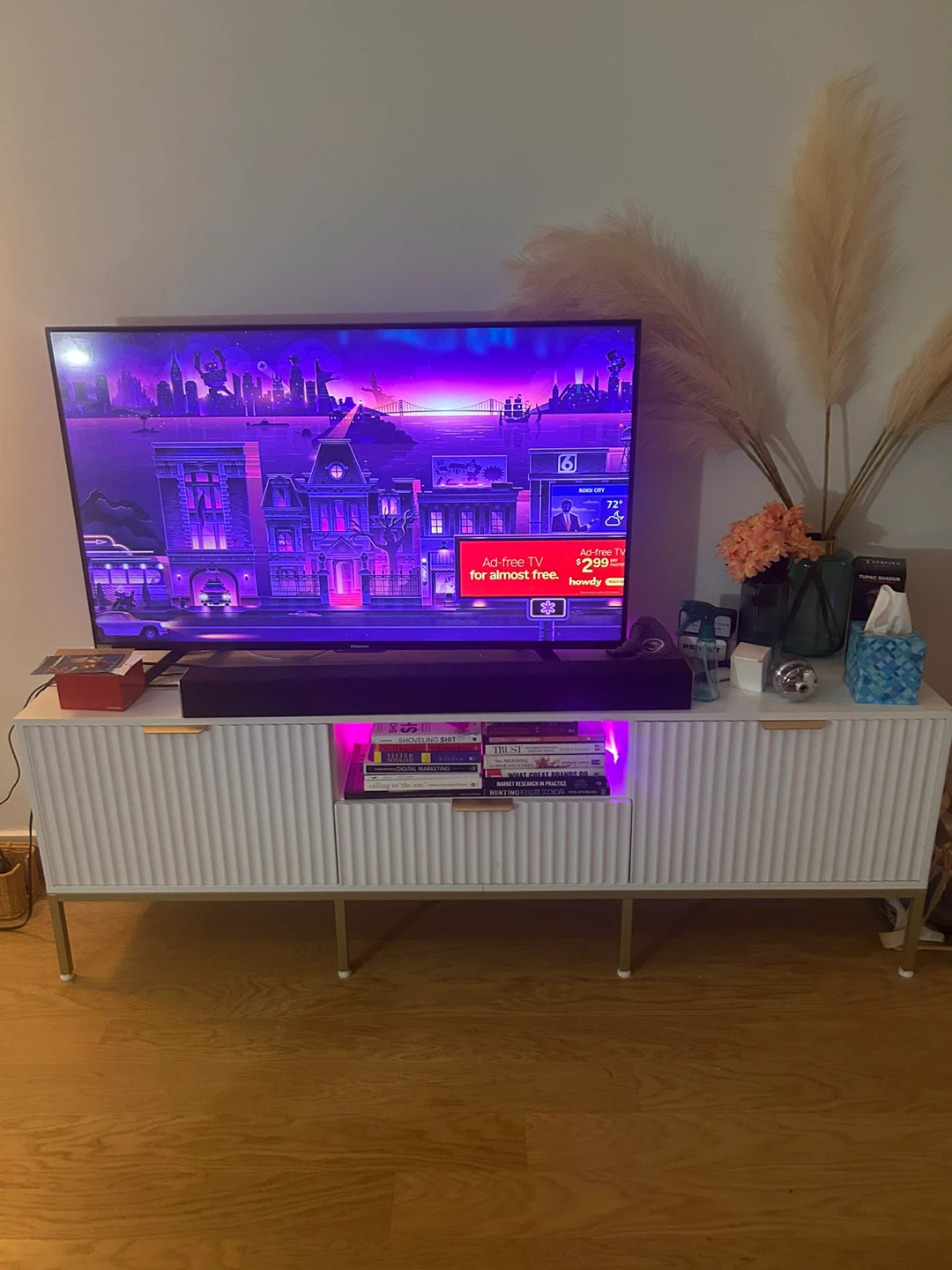 White Fluted Media Console with Gold Legs