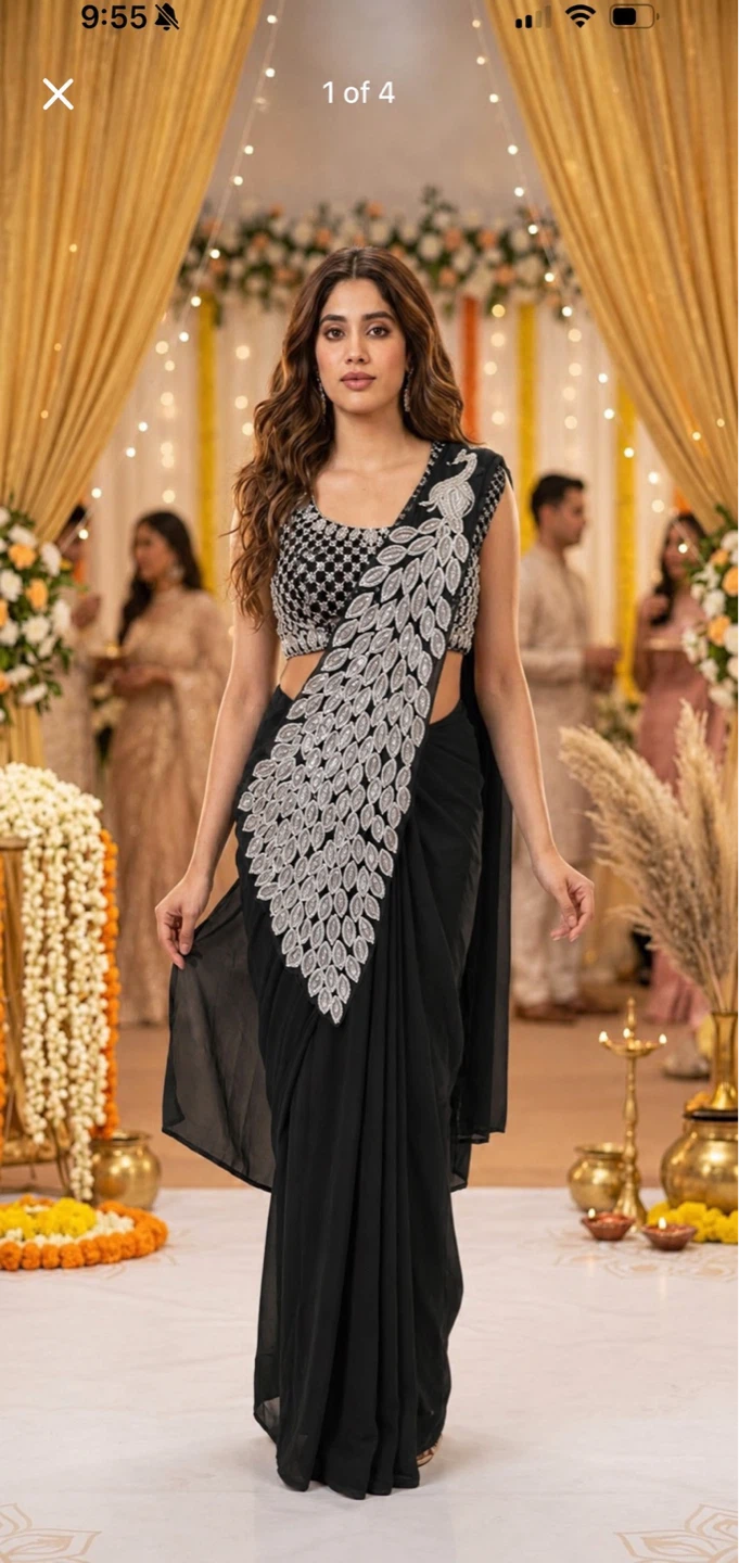 Pre Draped Black Saree with Stitched Blouse