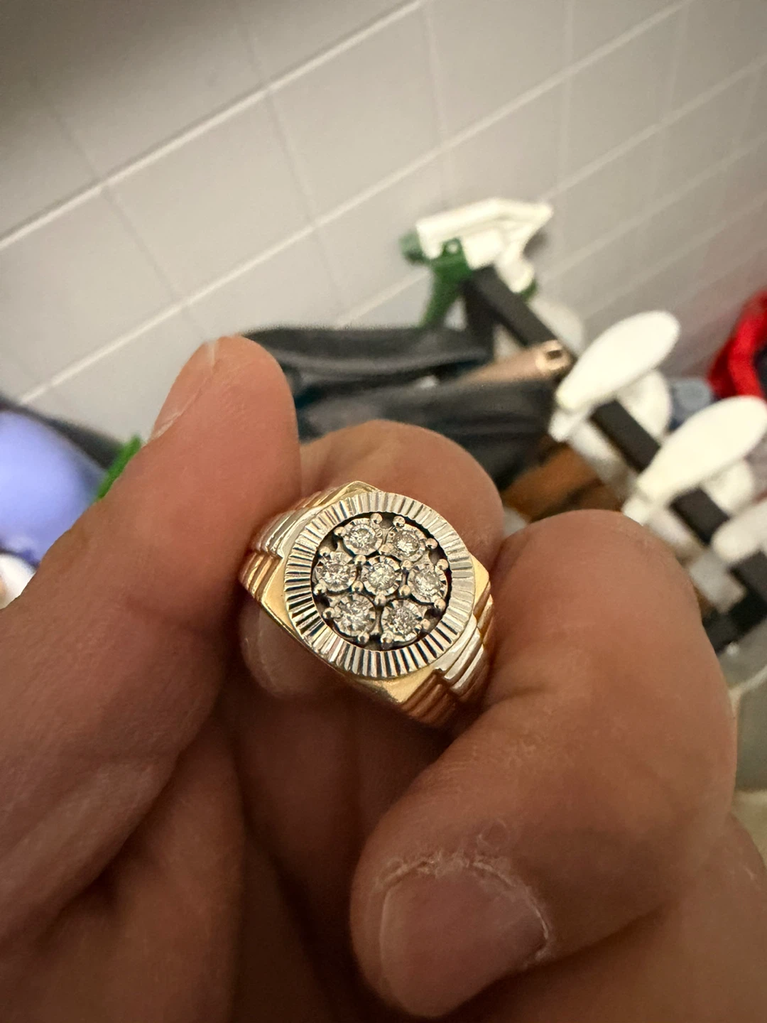Men's Diamond Cluster Ring - Gold and Silver Tones - photo 2