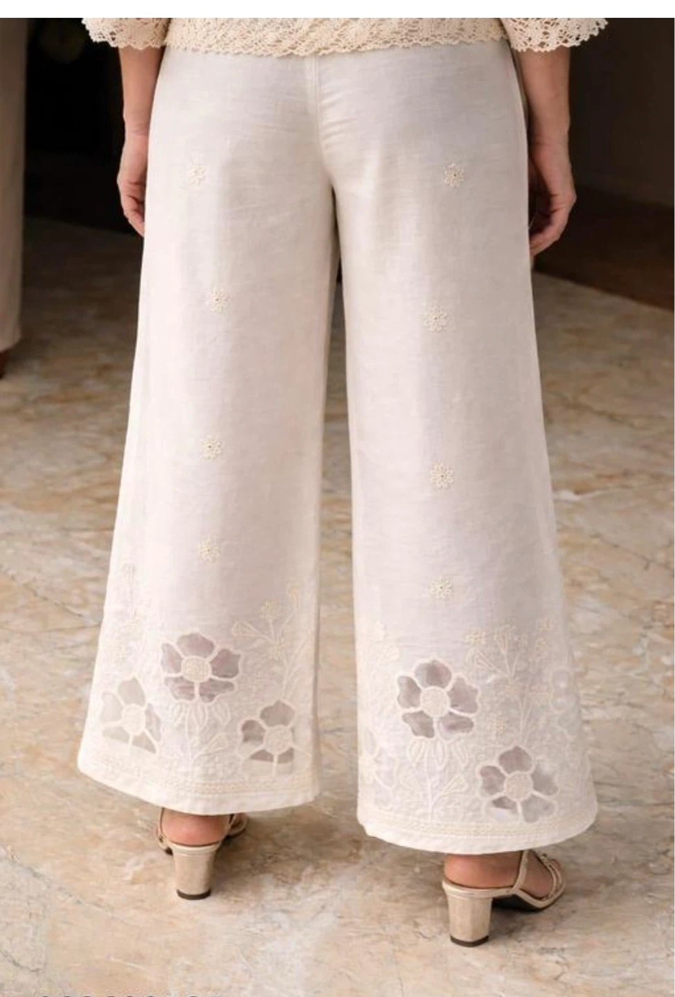 Cream/ Beige Linen Palazzo Floral Embroidery - photo 2