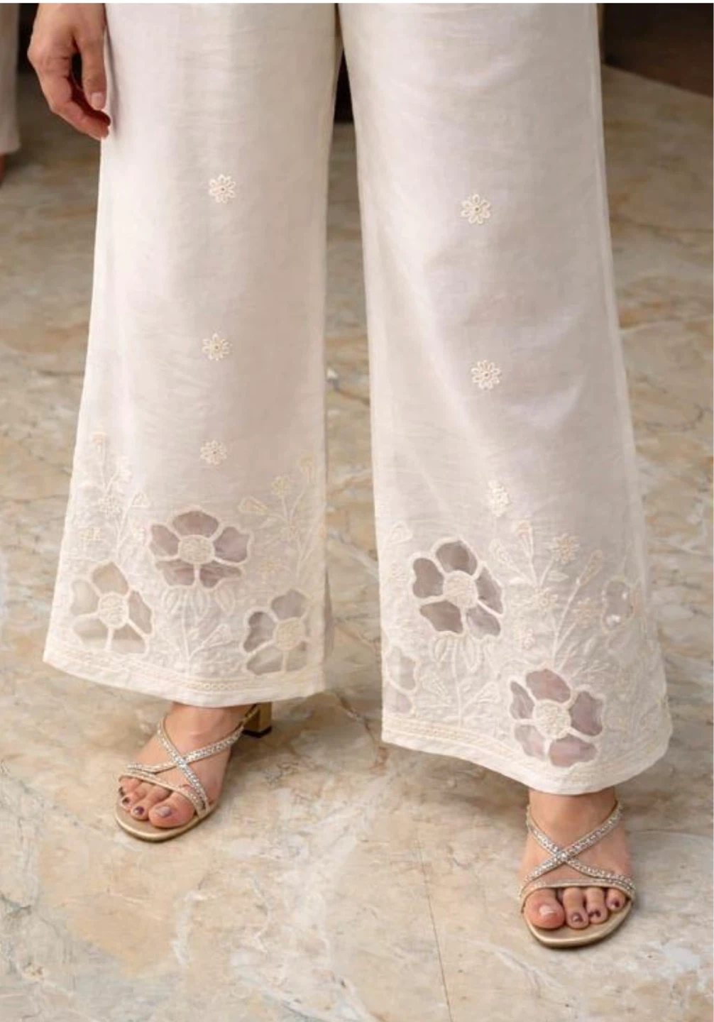 Cream/ Beige Linen Palazzo Floral Embroidery