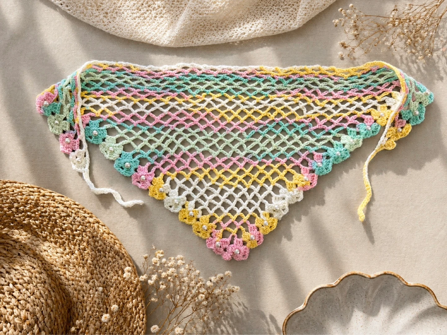Handmade Crochet Triangle Scarf with Flowers and Pearls