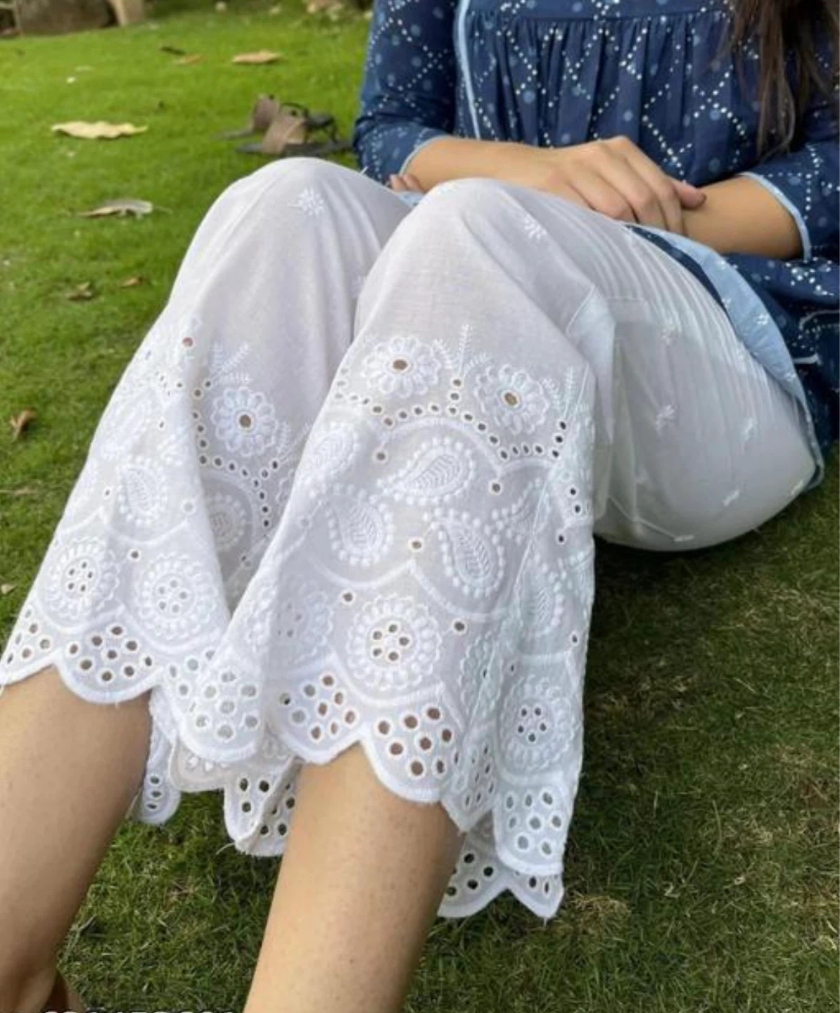 Women's White Chickenkari Palazzo