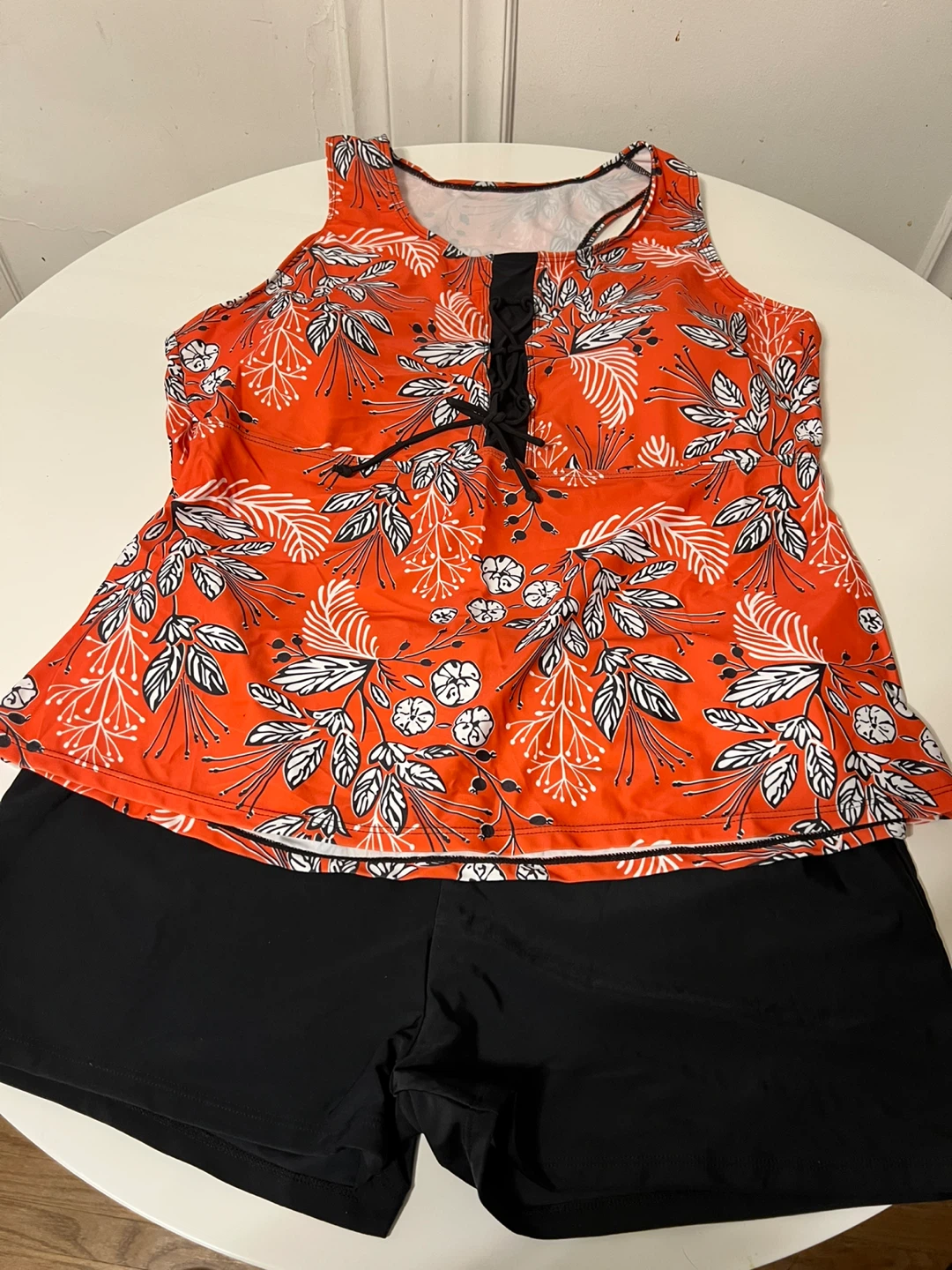 (New) Orange Floral Tankini Swimsuit with Black Shorts