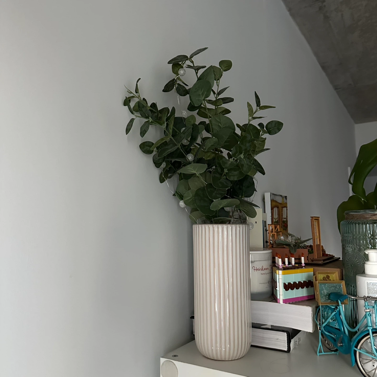 White Ceramic Ribbed Vase with Faux Eucalyptus