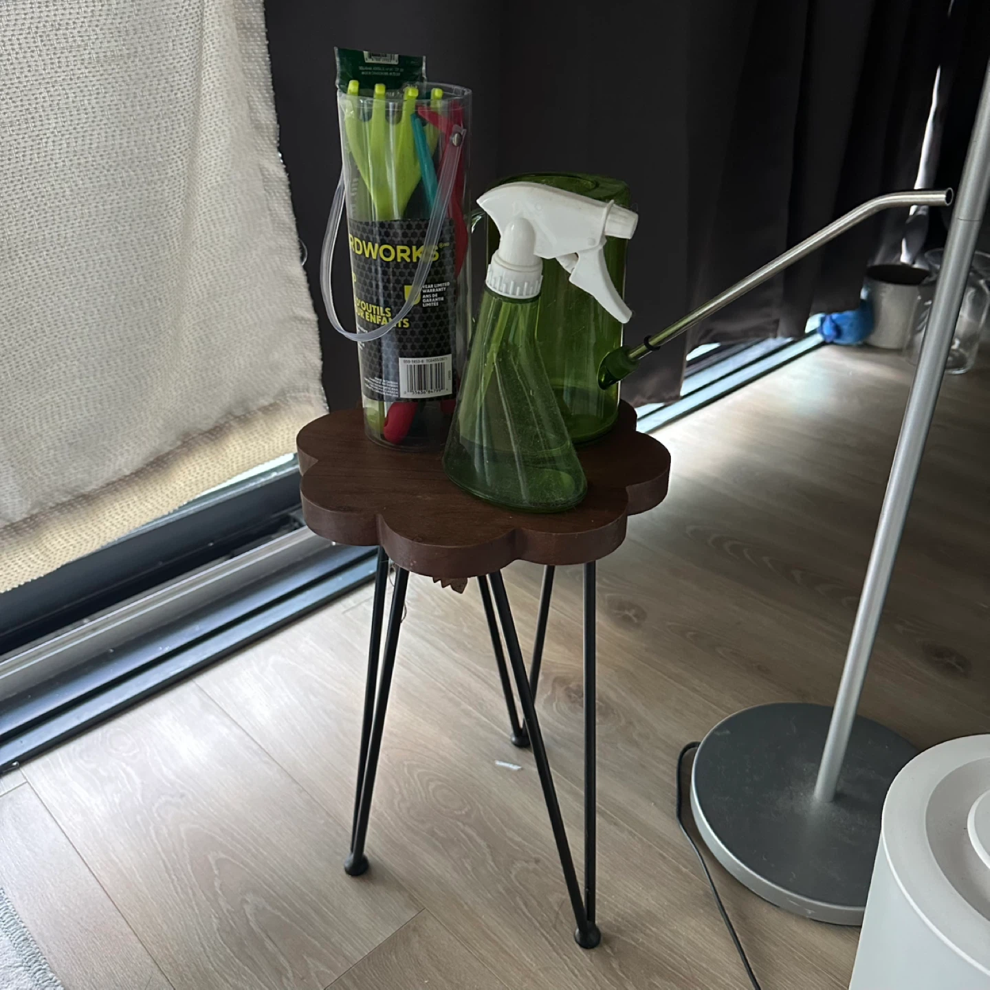 Wooden plant stand+gardening tools